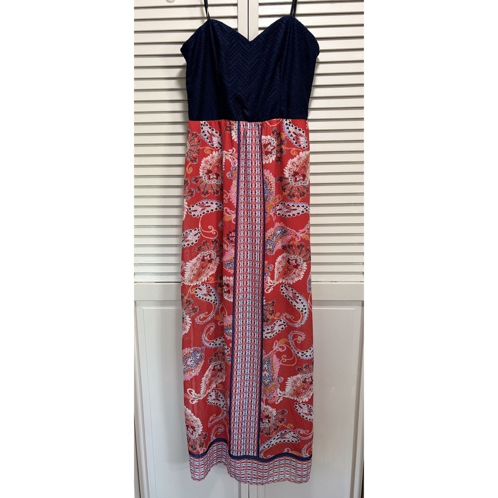 City Triangles Navy/Red Paisley Chiffon Strapless Maxi‎ Dress Size XL Lined
